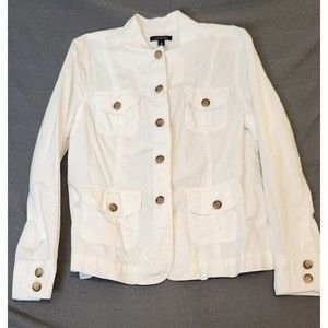 Women White 100% Cotton Military Jacket Land's End,‎ Button Front Size M